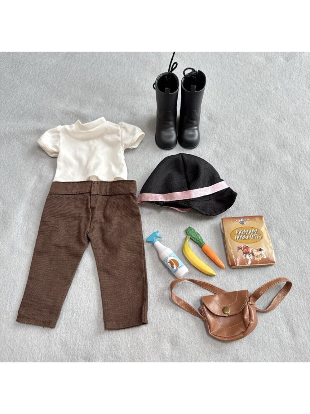 Doll Equestrian Outfit Pants Top Riding Boots Saddle Bag Hat Treats For 18” Doll